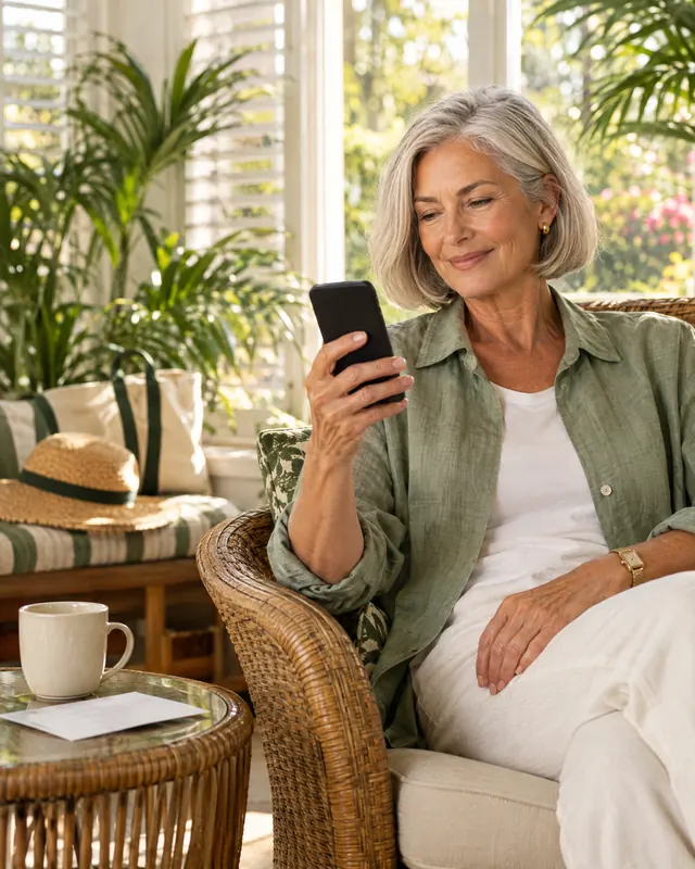A woman in a sunlit room smiles at her phone.